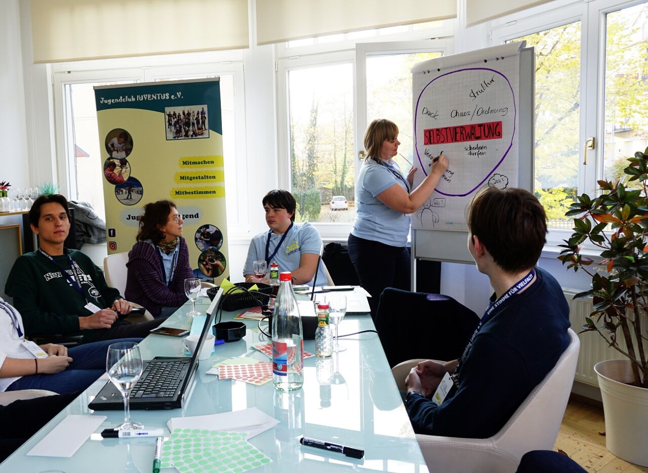 Teilnehmende des Jugendclubs Iuventus arbeiten zusammen.