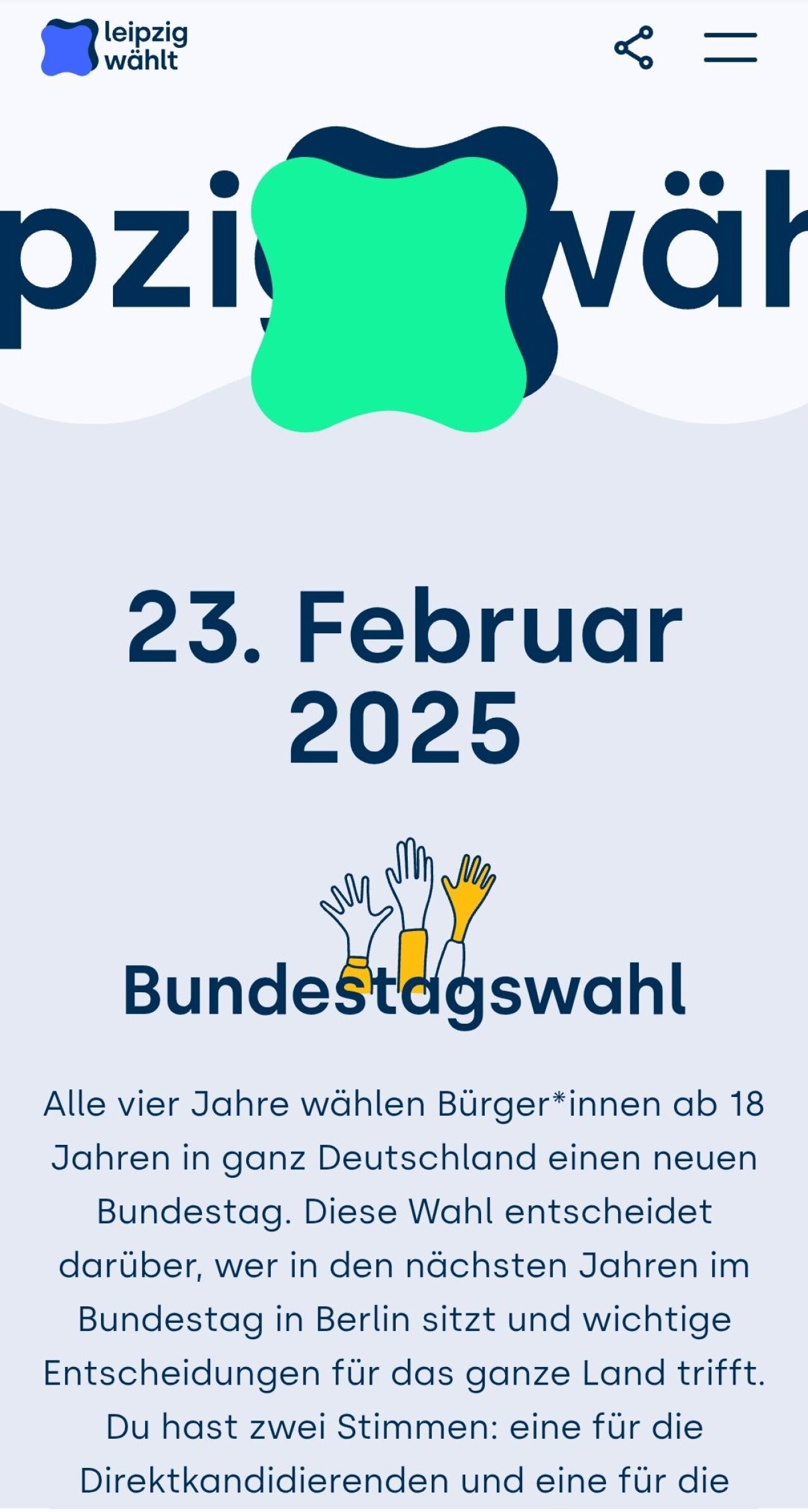 Screenshot der Startseite von www.leipzig-wählt.de mit Ankündigung des Bundestagswahl 2025.